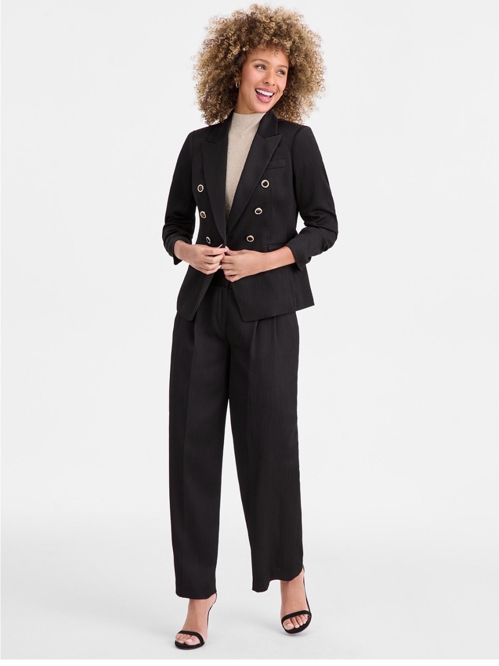 Tahari ASL Black Textured Satin Double-Breasted Wide-Leg Suit Pants
